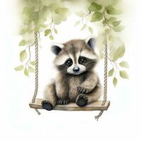 AI generated Cute baby raccoon in watercolour style, sitting on swings attached to the tree. AI Generated photo