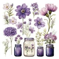 AI generated Collection of watercolor mason jars with purple flowers clipart. AI Generated photo