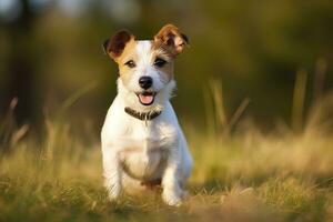 ai generado contento Jack Russell terrier mascota perro espera, escuchando en el césped. ai generado foto