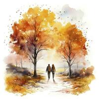 ai generado acuarela otoño paisaje con un Pareja caminando. ai generado foto