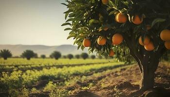 AI generated An orange tree is in the foreground with a farm field background. Generative AI photo