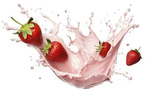 AI generated milk or yogurt splash with strawberries isolated on white background, 3d rendering. AI Generated photo