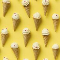 AI generated Ice Cream pattern on yellow background, top view. AI Generated photo