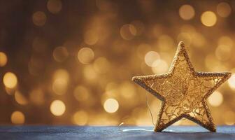 AI generated Sparkling Golden Christmas Star. Ornament Decoration Defocused Bokeh Background. AI Generated photo