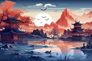 AI generated Chinese landscape map, distant mountains, clear rivers, ancient buildings, ships, birds, clouds and mist, brilliant light, AI Generative photo