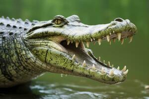 AI generated Crocodile with its mouth wide open with a green lake in the green background. AI Generated photo