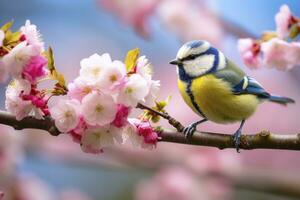 ai generado un bluetit pájaro descansando en el rama de un árbol. ai generado. foto