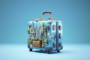 AI generated Blue suitcase full of landmarks and travel accessories on blue background. Generative AI photo