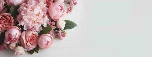 AI generated Fresh bunch of pink peonies and roses with copy space. AI Generated photo