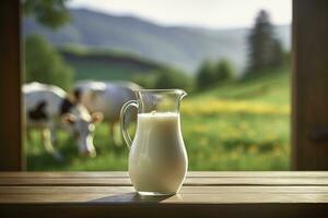 AI generated Glass pitcher with fresh milk on a wooden table. AI Generated photo