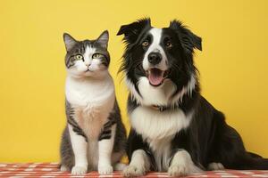 ai generado gato y perro juntos con contento expresiones en amarillo antecedentes. ai generado foto