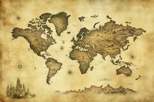 AI generated Great detailed illustration of the world map in vintage style. AI Generated photo