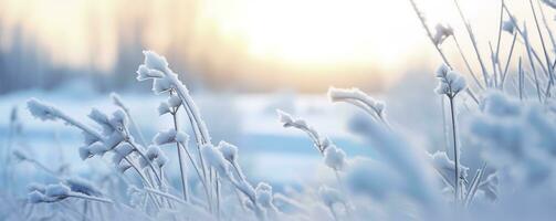 AI generated Frozen snowy grass, winter natural abstract background. beautiful winter landscape. AI Generated photo