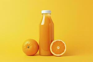 AI generated Orange Juice bottle on orange background. AI Generated photo