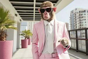 AI generated A Monkey is wearing sunglasses, suit and standing on street. AI Generated photo