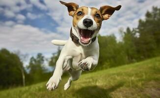 AI generated Jack Russel Parson Dog Run Toward The Camera Low Angle High Speed Shot. AI Generated photo