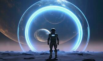 AI generated Astronaut in front of dimensional portal.  AI Generated. photo