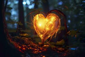 AI generated Glowing bioluminescent plant shaped like a human heart, in a mysterious forest. Generative AI photo