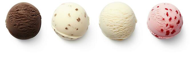 AI generated Set of four various ice cream balls or scoops isolated on white background. AI Generated photo