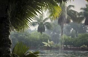 ai generado lluvia en el zona tropical durante el bajo temporada o monzón estación. gotas de lluvia en un jardín. generativo ai foto