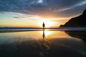 ai generado un persona caminando en el playa a puesta de sol. ai generado. foto