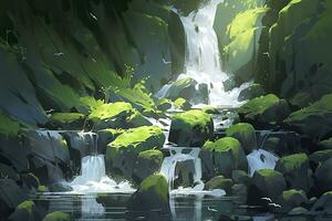 AI generated Waterfall landscape with rocks covered in green moss. AI Generated photo