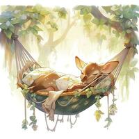 AI generated A sleepy baby deer in a hammock. watercolor illustration. AI Generated photo