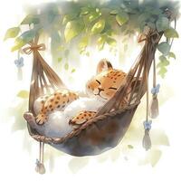 AI generated A sleepy baby leopard in a hammock. watercolor illustration. AI Generated photo