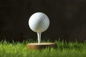 AI generated White golf ball on wooden tee with grass. Generative AI photo