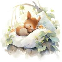 AI generated A sleepy baby squirrel in a bedding. watercolor illustration. AI Generated photo