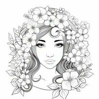 AI generated A girl on a coloring book page with Jasmine flowers. AI Generated photo