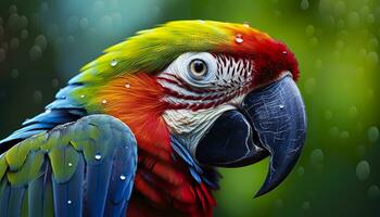 AI generated Tropical macaw perched, vibrant feathers in focus. Generative AI photo