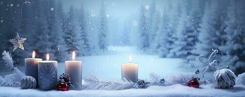 AI generated Winter Forest Landscape With Burning Candles Christmas Decoration. AI Generated photo