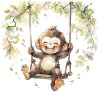 AI generated Cute happy baby monkey on swings on a tree in watercolor. AI Generated photo