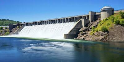 ai generado hidroeléctrico represa generando verde energía desde fluido agua. ai generado. foto