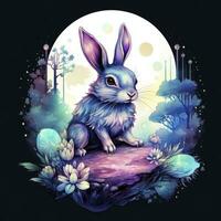 AI generated Watercolor Rabbit and Glowing Moon for T-shirt Design. AI Generated photo