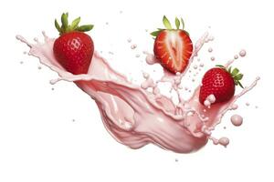 AI generated milk or yogurt splash with strawberries isolated on white background, 3d rendering. AI Generated photo