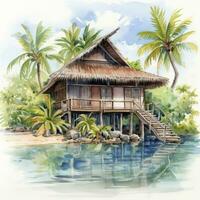 AI generated A watercolored bright serene image of a traditional bahay kubo. AI Generated photo