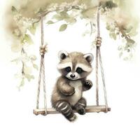 AI generated Cute baby raccoon in watercolour style, sitting on swings attached to the tree. AI Generated photo