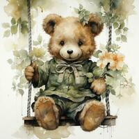 AI generated A cute happy teddy bear swings on a tree on a white background. AI Generated photo