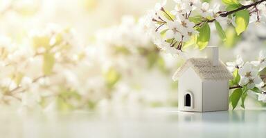 AI generated Toy house and cherry flowers, spring abstract natural background. Generative AI photo