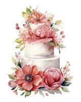 AI generated Watercolor wedding cake isolated on white background.  AI Generated photo