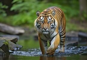 AI generated Amur tiger walking in the water. Dangerous animal.  Animal in a green forest stream. Generative AI photo