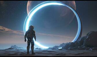 AI generated Astronaut in front of dimensional portal.  AI Generated. photo