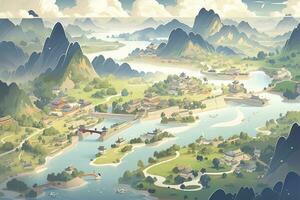 AI generated Chinese landscape map, distant mountains, clear rivers, ancient buildings, ships, birds, clouds and mist, brilliant light, AI Generative photo