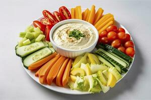 AI generated Crop shot of plate with colorful healthy sliced vegetables. AI Generated photo