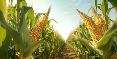 AI generated Closeup corn cobs in corn plantation field. Generative AI photo