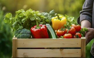 AI generated Farmer man holding wooden box full of fresh raw vegetables. AI Generated photo