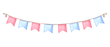 Watercolor garland of colorful flags. Template of festive illustration for birthday and kids party decoration, isolated. Hand drawn clipart for invitations and cards, wedding background, sticker. png