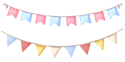 Watercolor garlands of pennants and flags. Template of festive illustration for birthday and kids party decoration, isolated. Hand drawn clipart for invitations and cards, wedding background, sticker. png